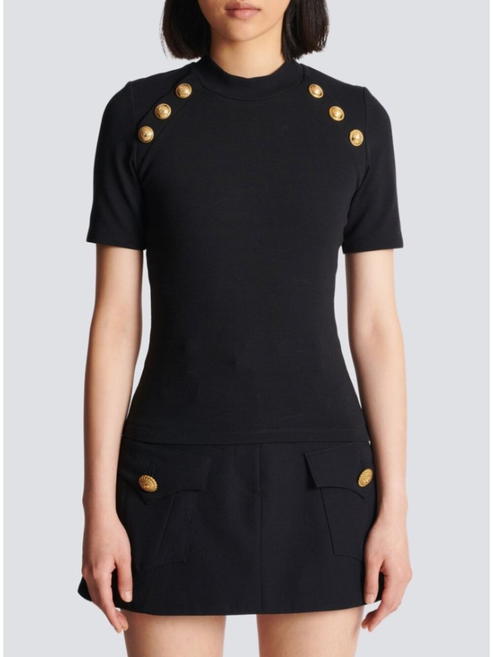 Balmain 6-Button Knit T-Shirt Black Gold Tight Fit Funnel Neck Top Womens Sze XS